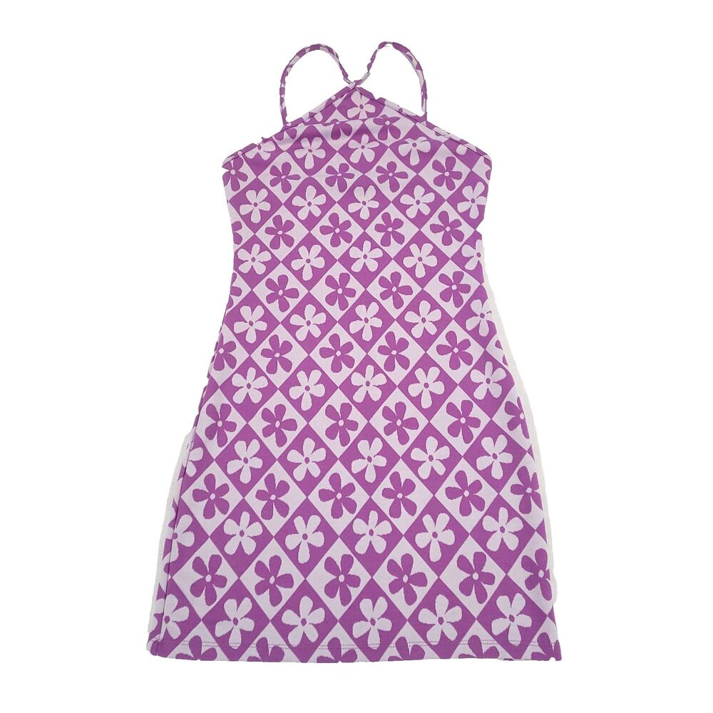 Forever 21 Retro Daisy Y2K halter Dress M Checkerboard Purple mod flower power - Picture 5 of 11